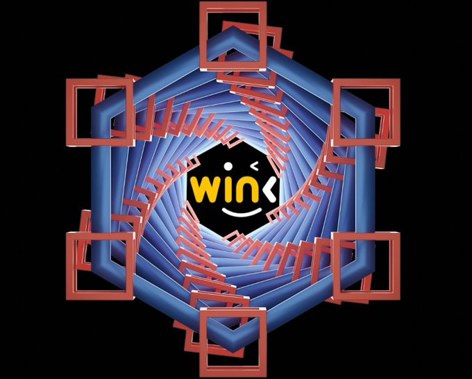 A spiraling octagonal tunnel composed of blue and red rectangular frames draws the eye inward toward a black smiley face displaying "wink." The hypnotic design visually represents the transparent, chain-like verification process behind WINkLink's 100% Revenue Buyback & Burn program.