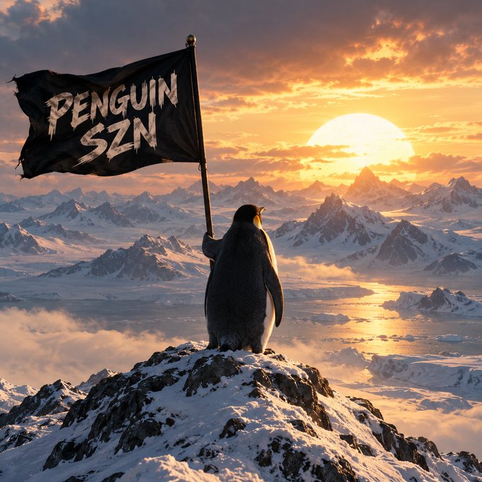 A digital illustration of a penguin standing on a snowy mountain peak, holding a black flag that reads 'PENGUIN SZN' against a dramatic sunset over an icy, mountainous landscape.