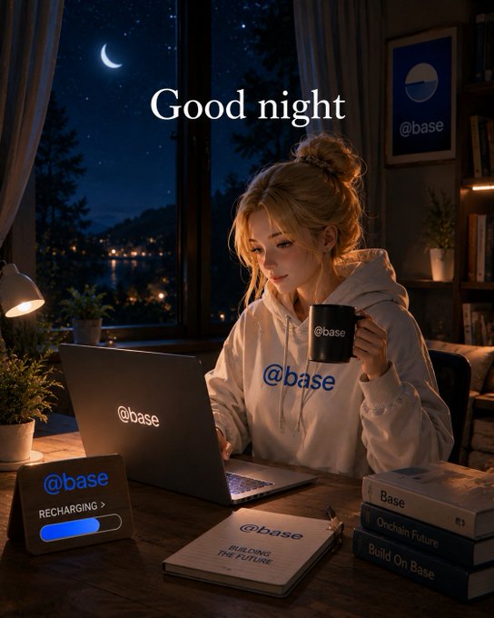 The image features a woman sitting at a desk using her laptop computer while holding a coffee mug. She appears to be working or studying, as there are several books around her. The background of the image shows a night sky with stars, giving the impression that she is indoors during nighttime. A crescent moon can also be seen in the sky. 

The post includes text that reads "Good night x fam Wrapping up the day, recharging for tomorrow, and getting ready to build even more onchain with @base and @baseapp See you tomorrow". This message seems to be related to the woman's activities at her desk, possibly encouraging her to continue working or studying during nighttime.