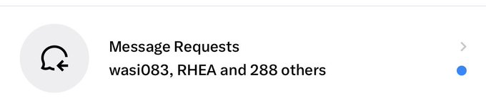A Facebook notification showing "Message Requests" from wasi083, RHEA, and 288 others, indicating the user has an overwhelming backlog of unread DM requests—likely from community managers (CMs) and participants reaching out following the NFT collaboration.