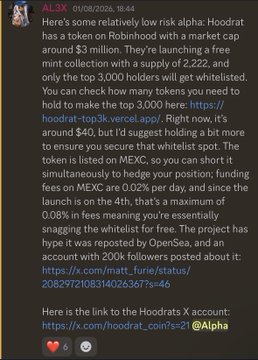 A Discord post by user "AL3X" describes Hoodrat, a relatively low-risk "alpha" token on Robinhood with a $3 million market cap, offering a free mint collection with a supply of 2,222 on the MEXC exchange. The post highlights a current price of $40, noting a maximum 0.08% fee for snagging the whitelist for free, and links to a tweet about its 200k followers—this aligns with the accompanying message celebrating a gain up to 0.05 ETH on @hoodrat_coin.