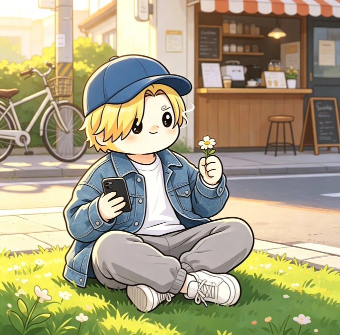 An anime-style illustration of a blonde character wearing a blue cap and denim jacket, sitting in the grass holding a phone and a small white flower, with a bicycle and cafe in the background.