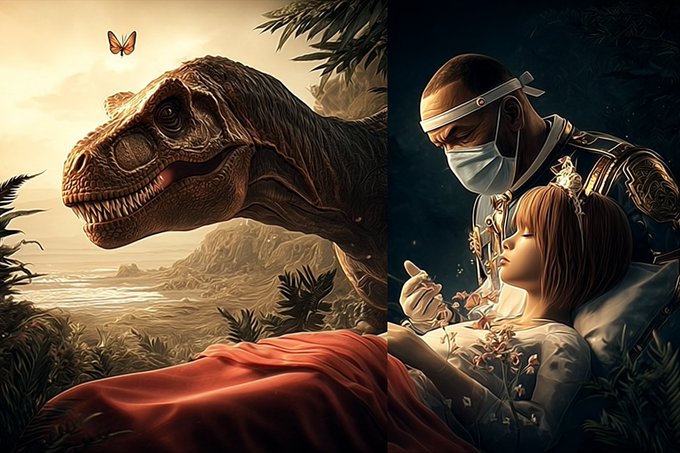 A digital artwork split between a T-Rex with a butterfly on its nose looking over a cliff, and a masked figure in ornate armor tending to a young girl lying in a field.