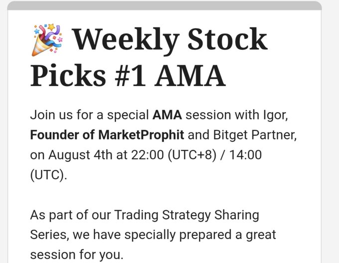 Announcement image for "Weekly Stock Picks #1 AMA" featuring Igor, Founder of MarketProphit and Bitget Partner, scheduled for August 4th at 22:00 (UTC+8) / 14:00 (UTC), promoting a Trading Strategy Sharing Series session that ties into the post's promotion of a $200 giveaway for 20 participants who submit questions for Bitget's AMA.