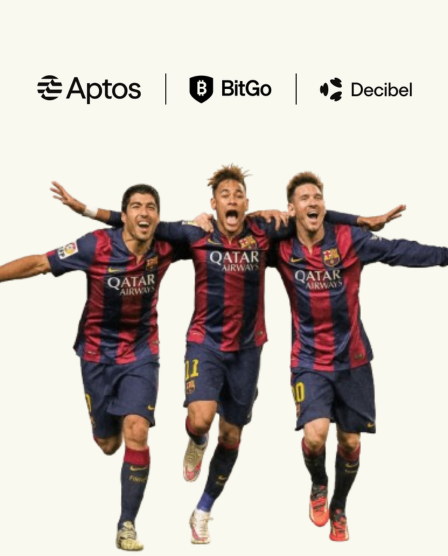 Three FC Barcelona players, including Neymar, Luis Suárez, and Lionel Messi, celebrate joyfully in their "Qatar Airways" sponsored jerseys, celebrating a partnership announcement. Above them, the logos of Aptos, BitGo, and Decibel are displayed, signifying the integration of BitGo MPC wallets with Decibel's trading platform on the Aptos network for institutional spot and perps trading.