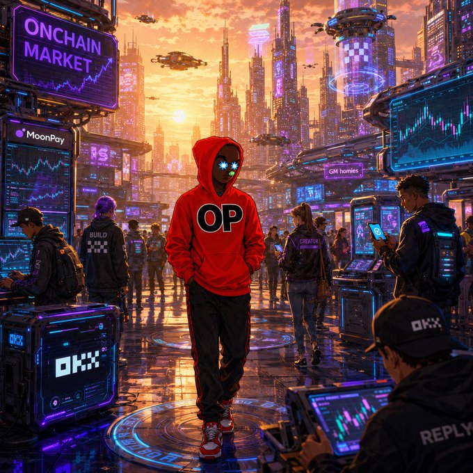 A cyberpunk trader in a red "OP" hoodie stands center stage in a neon-lit Onchain Market, surrounded by OKX terminals, MoonPay charts, and "gm homies" signs as builders, creators, and reply guys buzz around him—capturing the post's call for a charged, purpose-driven Friday morning across every crypto lane.