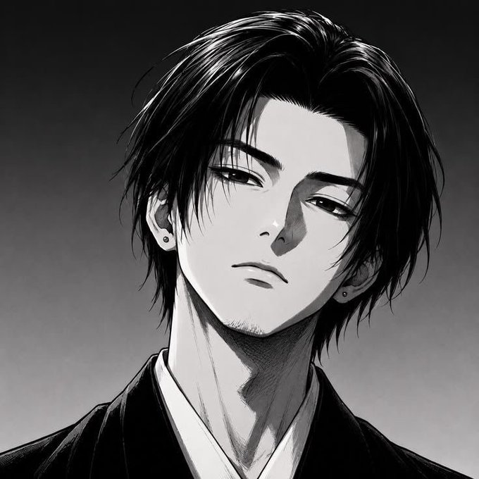 A black and white illustration depicts a handsome young man with dark hair, wearing traditional Japanese clothing.