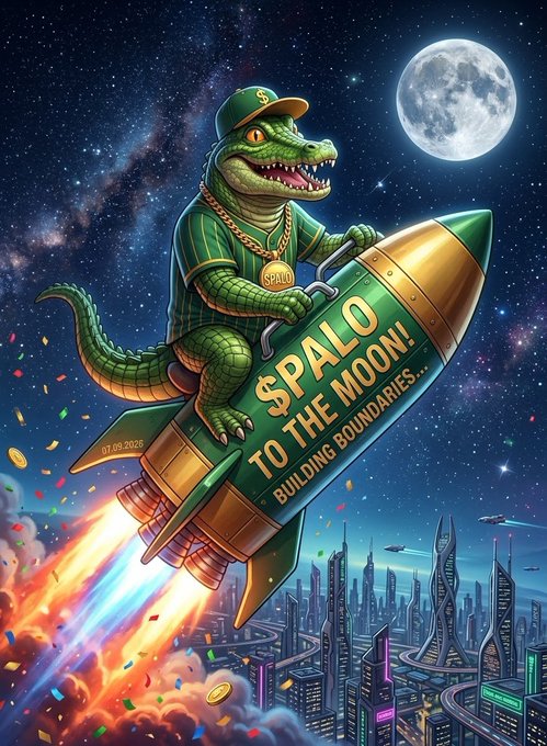 A digital illustration of an anthropomorphic alligator wearing a green cap with a dollar sign and gold chain, riding a rocket labeled '$PALO TO THE MOON! BUILDING BOUNDARIES..' above a futuristic city under a starry sky with a full moon.