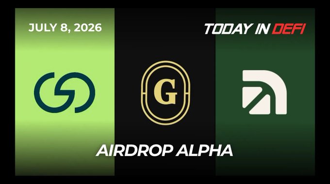The image is a graphic titled "TODAY IN DEFI" dated July 8, 2026, featuring logos for Grass, a "G" emblem, and Arcus, with the subtitle "AIRDROP ALPHA." It visually represents the accompanying post's highlights of airdrop news, including the Grass USDC rewards checker going live and Arcus opening its waitlist.