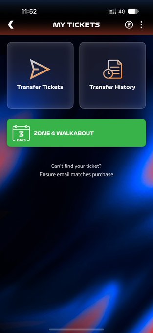 A mobile app screenshot of a 'MY TICKETS' interface showing options to transfer tickets and a 'Zone 4 Walkabout' ticket.
