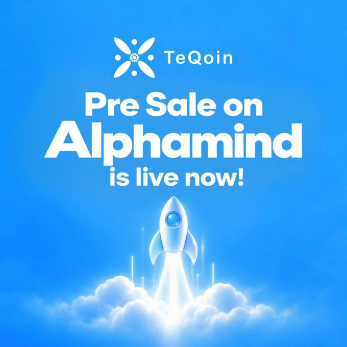 TeQoin's "Pre Sale on Alphamind is live now!" promotional graphic features a rocket launching through clouds against a blue sky, symbolizing the project's liftoff in the blockchain ecosystem consolidation effort.