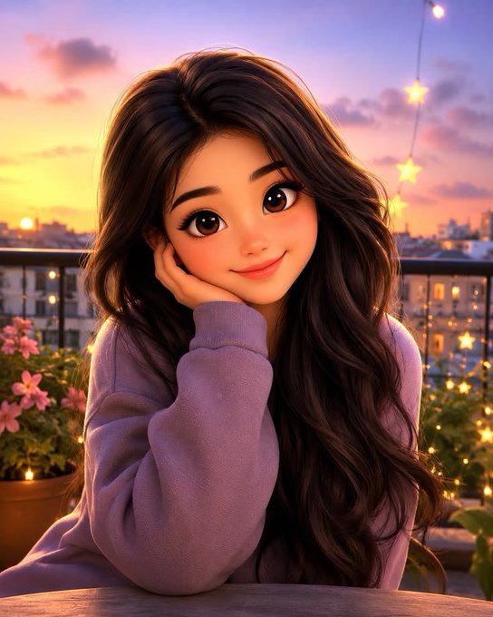 A digital illustration in a Disney/Pixar style depicts a young woman with long dark hair wearing a purple sweater, resting her chin on her hand at sunset with city lights in the background.