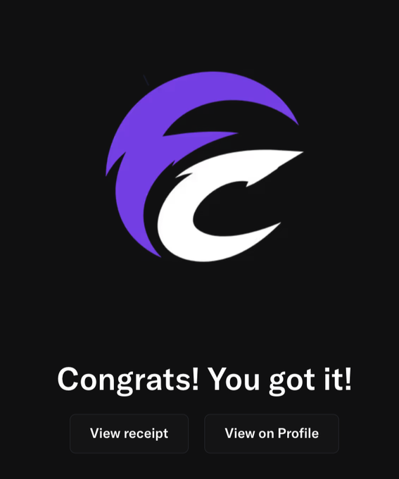 The image shows a black background with a purple and white logo that reads "EFC" at the center of the frame, surrounded by a purple lightning bolt shape. Below this logo, there are two text boxes containing information about an e-card or reward system. The first box contains the message "Congratulations! You got it!" while the second box provides instructions for viewing the profile and receiving the reward.