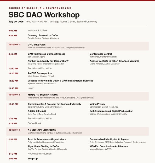 An event schedule for the SBC DAO Workshop on July 30, 2026 at Stanford University, listing sessions on DAO Designs, Modern Mechanisms, and Agent Applications with various speakers.