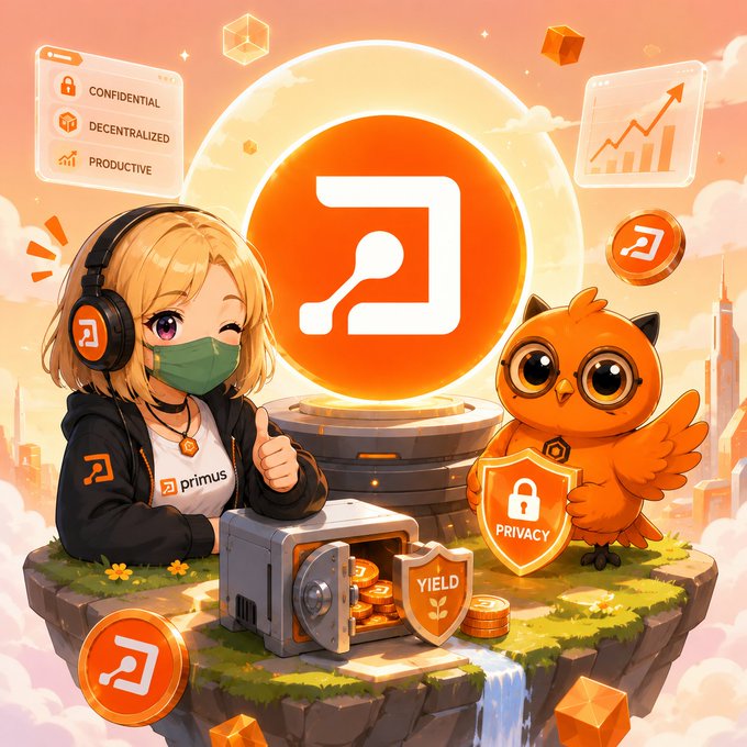 An anime-style promotional illustration featuring a blonde girl wearing a mask and a Primus-branded headset alongside an orange owl mascot, set against a backdrop with a large orange Primus logo, a safe labeled 'YIELD', and a shield labeled 'PRIVACY'.