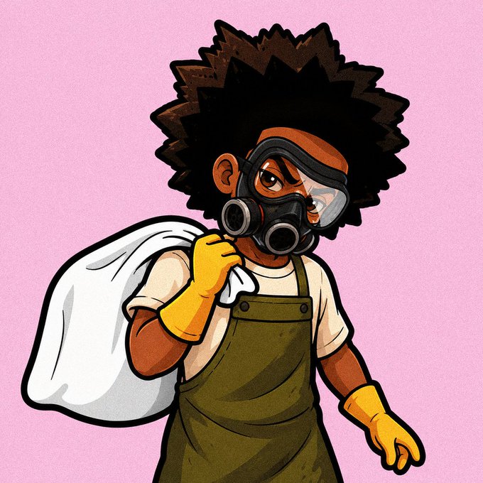A stylized illustration of a character with an afro, wearing a gas mask, work gloves, an apron, and carrying a sack — evoking the "bagworker" theme of the post. The post promotes a $GUY token airdrop, with 20% of the supply being distributed to the community and to Ansem, creator rewards to holders, and the contract address 5E3Eq9yJ8hRKzwPwi2q5LP4gqSoMFjNgtZpqEqZJpump listed.
