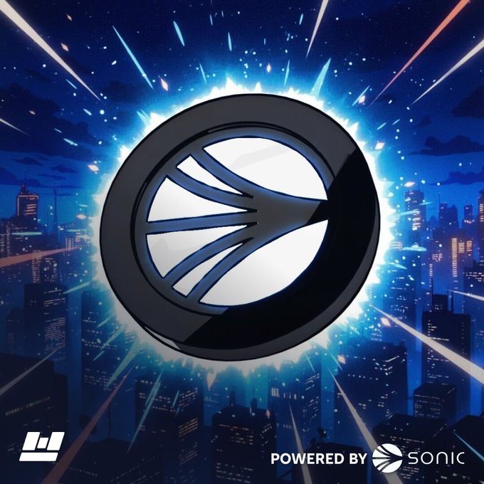 A digital illustration of a stylized circular logo with energy radiating around it, set against a futuristic city skyline at night, branded as 'POWERED BY SONIC' with a Lub logo.