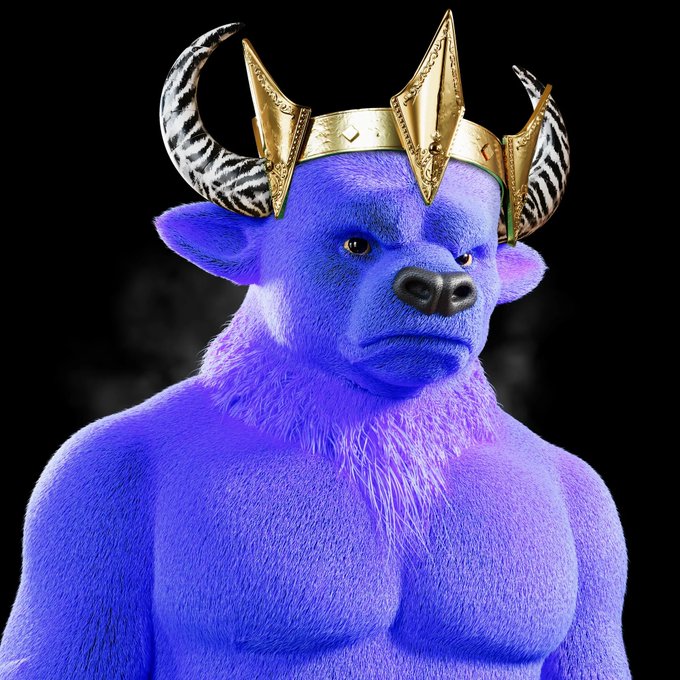 A 3D rendering of a muscular blue anthropomorphic creature wearing a golden Viking-style helmet with striped horns.