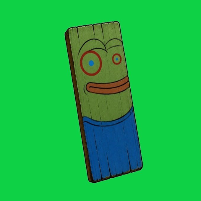 A 3D rendered cartoonish wooden plank character with a face, orange lips, mismatched eyes, and blue lower section, set against a green background.