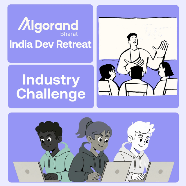 The image features a collage of three different photos related to the Algorithand India Developer Retreat. The top photo shows a man giving a presentation, while the middle photo depicts a group of people sitting around a table with laptops on their laps. The bottom photo shows another man using a laptop in front of a whiteboard. These images are arranged in a way that highlights the event and its purpose, showcasing the various aspects of the retreat.