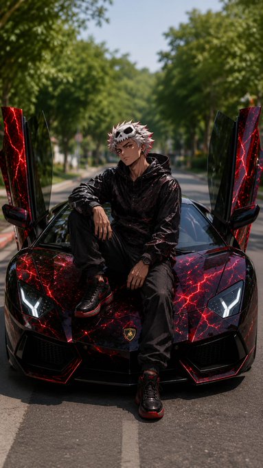 An anime-style character with white hair and a skull mask sits on the hood of a black and red Lamborghini with glowing doors opened upward, parked on a tree-lined street.