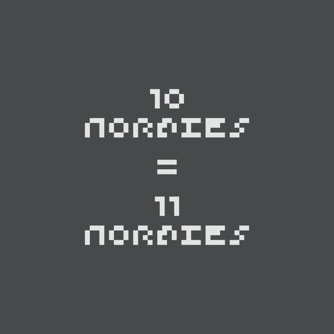 The image features pixelated text on a dark background stating "10 NORMIES = 11 NORMIES," which illustrates the promotional offer mentioned in the post where buyers can receive a free Normie for every 10 purchased, making it an inviting day to join the Normie movement.