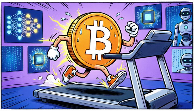 An anthropomorphized Bitcoin (₿) coin runs anxiously on a treadmill, sweating and looking exhausted, while AI chips and a robot watch from the background. The image visually reinforces the bearish sentiment of the post, suggesting that BTC may be heading toward a significant drop in the $45,000-$52,000 range.