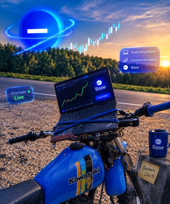 A promotional image featuring a blue Kawasaki motorcycle with a laptop mounted on it displaying the Base logo, set against a sunset landscape with floating crypto trading elements.