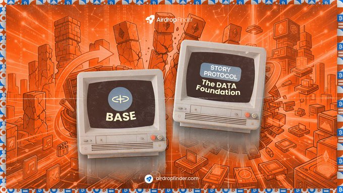 Two retro CRT televisions are displayed against an orange pixel-art cityscape backdrop, with the left screen showing the "BASE" logo and the right screen displaying "STORY PROTOCOL The DATA FOUNDATION," visually representing the two project pivots mentioned in the post—Story Protocol's rebrand to DATA Foundation and Sophon's shift to building on Base.