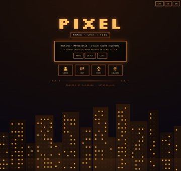 A pixel art-style website for "PIXEL" displays a retro cityscape silhouette with menu options including NAMES, CHAT, and FEED, alongside statistics showing "7428 .pixel active citizens" and a "40346 .algo balance in pool." The interface directly supports the post's description of a blockchain-based ecosystem offering .pixel domains, encrypted messaging, social networking on the Algorand blockchain, and .algo compatibility.