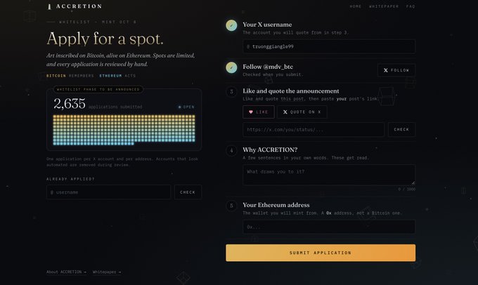 A dark-themed website for 'ACCRETION' showing an 'Apply for a spot' page with 2,635 applications submitted and instructions for Bitcoin Ordinals and ACENS ACTS minting.