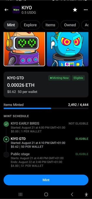The image shows a mobile screen displaying a "KIYO 0.5 USDG" NFT minting page, where the KIYO GTD tier is currently eligible to mint at 0.00026 ETH ($0.62 per wallet), with 2,492/4,444 items minted. The post relates to the image by referencing the "KIYO EARLY BIRDS" free mint tier that ended, now followed by the paid 0.00026 ETH mint—highlighting the familiar pattern of projects offering free mints initially before transitioning to paid mints.
