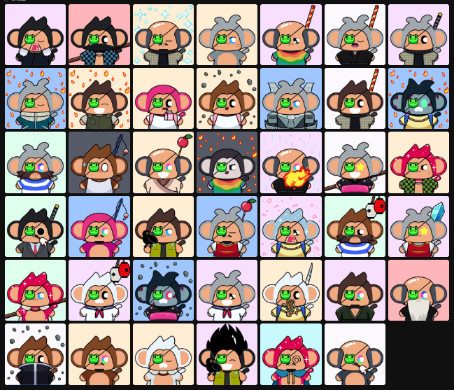 A grid of colorful Chimpers NFT character portraits featuring various traits, hairstyles, and accessories, with several chimps displaying the highlighted "Frog Patch" trait on their eye coverings. The collection showcases the diversity of the Chimpers PFP project, emphasizing the rare frog-themed trait mentioned in the accompanying post.