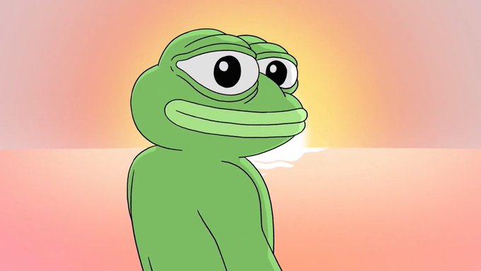 A green Pepe the Frog character with half-closed eyes and a smirk smokes a cigarette against a pink and yellow gradient background, embodying the relaxed, meme-inspired vibe of the "$PEPE is all you need" post promoting the PEPE cryptocurrency token.