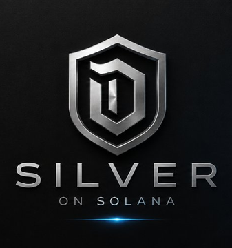 Logo graphic featuring a silver shield emblem above the text "SILVER ON SOLANA" against a dark background.