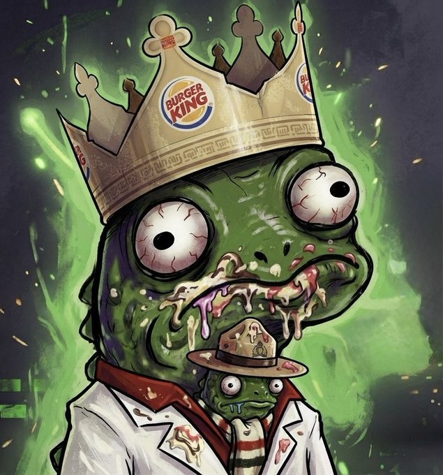 A grotesque illustration of a zombie-like character wearing a Burger King paper crown, with bulging bloodshot eyes and green ooze dripping from its face, against a green glowing background.