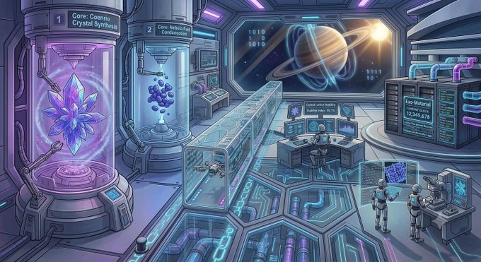 A sci-fi illustration of a futuristic laboratory featuring crystal synthesis chambers, astronauts, and a view of Saturn.