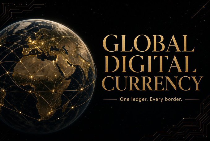 A glowing Earth at night with interconnected golden network lines spans the left side of the image, while elegant gold serif text on the right reads "GLOBAL DIGITAL CURRENCY" with the tagline "One ledger. Every border." below—visually reinforcing the post's message of a unified $GDC transcending geographical boundaries.