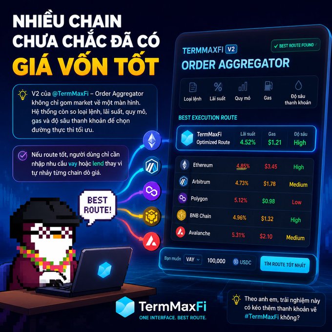 The image is a Vietnamese promotional graphic for **TermMaxFi V2 Order Aggregator**, featuring an anime-style pixelated character at a laptop alongside a dashboard displaying "BEST EXECUTION ROUTE" with optimized metrics (4.52% rate, $1.21 gas) compared across Ethereum, Arbitrum, Polygon, BNB Chain, and Avalanche. The tagline "NHIỀU CHAIN CHƯA CHẮC ĐÃ CÓ GIÁ VỐN T�T" (Many chains might not have the best cost basis) and "ONE INTERFACE. BEST ROUTE." reinforce the post's message about TermMaxFi's V2 aggregator finding optimal routes by comparing interest rates, gas, and liquidity across multiple chains before users borrow or lend.