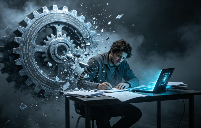 The image features a man sitting at a desk, working on his laptop computer while surrounded by smoke. The scene suggests that he might be experiencing technical difficulties or facing some sort of problem with his device. The smoke around him could indicate an issue with the internal components of the laptop or even a potential fire hazard. It is important for the man to address these issues promptly and safely, as well as seek professional help if needed.