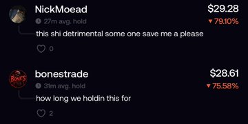 Two social media comments from users "NickMoeah" and "bonestrade" show portfolio losses, with NickMoeah's holding down 79.10% to $29.28 and bonestrade's down 75.58% to $28.61, as both users humorously lament their financial predicament.