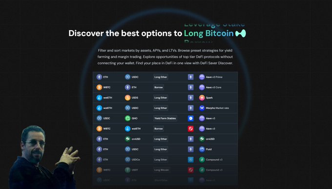 The image features a man standing next to a computer screen displaying a website about trading options, specifically long Bitcoin. The man appears to be giving advice or explaining something related to the website content.