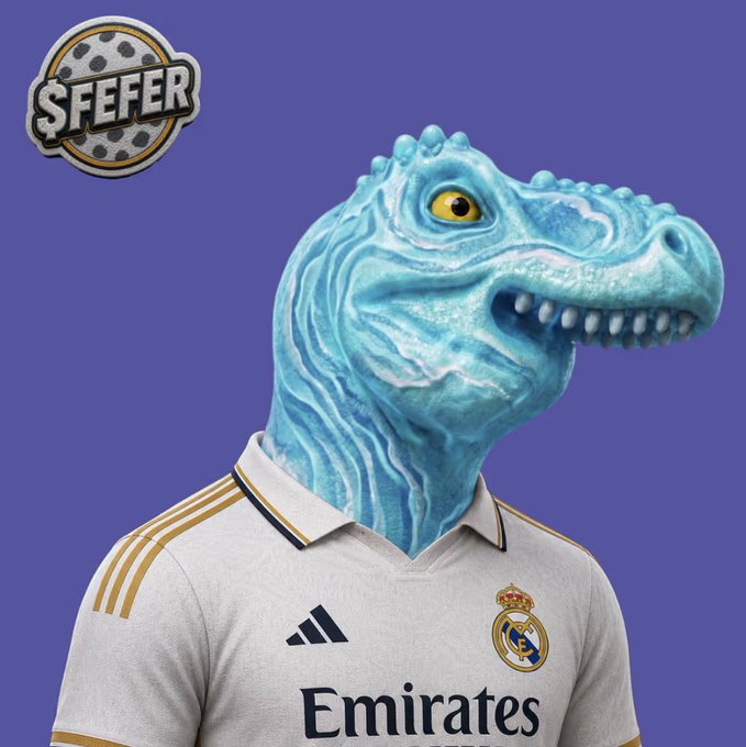 A digitally edited image shows a blue dinosaur wearing a Real Madrid football jersey with 'Emirates' sponsor text and Adidas logo, with an '$FEFER' meme logo in the top-left corner against a purple background.