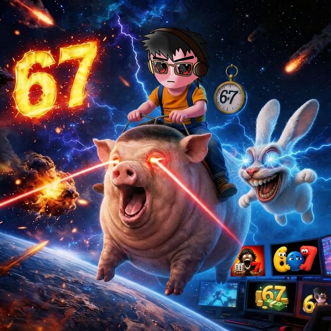 Surreal AI-generated image of a boy with red laser-beam eyes riding a flying pig alongside a menacing rabbit, with glowing '67' numbers and dramatic lightning/space background.