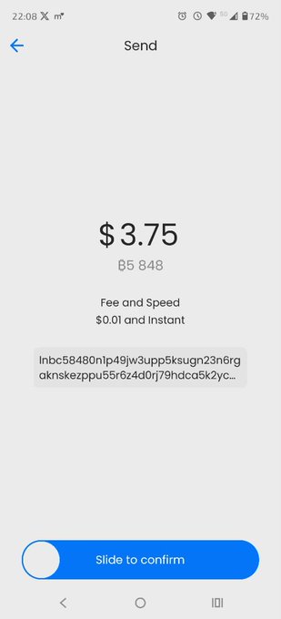 A mobile wallet "Send" screen displays a $3.75 transaction (85,848 sats) with a $0.01 instant fee, featuring a partially hidden Lightning invoice (lnbc5480n...) and a "Slide to confirm" button. The image illustrates the post's point about Blitz Wallet hiding the intimidating string of letters and numbers by default to make sending Bitcoin more user-friendly.