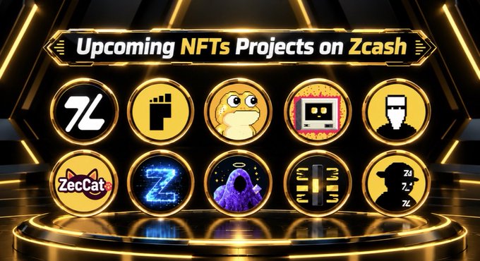 A promotional graphic titled 'Upcoming NFTs Projects on Zcash' displaying various circular NFT icons including 'ZecCat' and others on a gold stage.