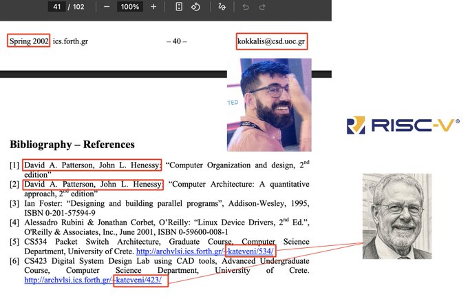 A slide from a Spring 2002 FORTH-ICS presentation by kokkalis@csd.uoc.gr showing a bibliography page that references RISC-V architecture, featuring an image of a bearded RISC-V representative and a photo of RISC-V pioneer David Patterson, with references to Patterson & Hennessy's "Computer Organization and Design" textbooks.