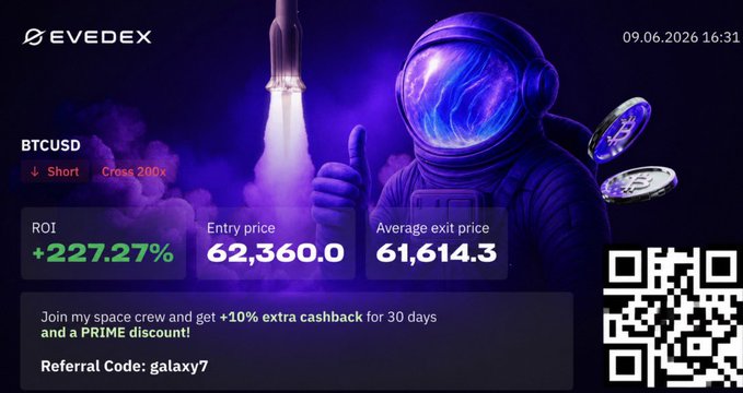 The image features an advertisement for a virtual planetarium show, which includes an illustration of an astronaut giving a thumbs up. The background of the poster has purple and blue colors, resembling an outer space scene. In this context, it seems like the advertisement is promoting a space-themed experience or event related to cryptocurrency trading platforms or space exploration themes.