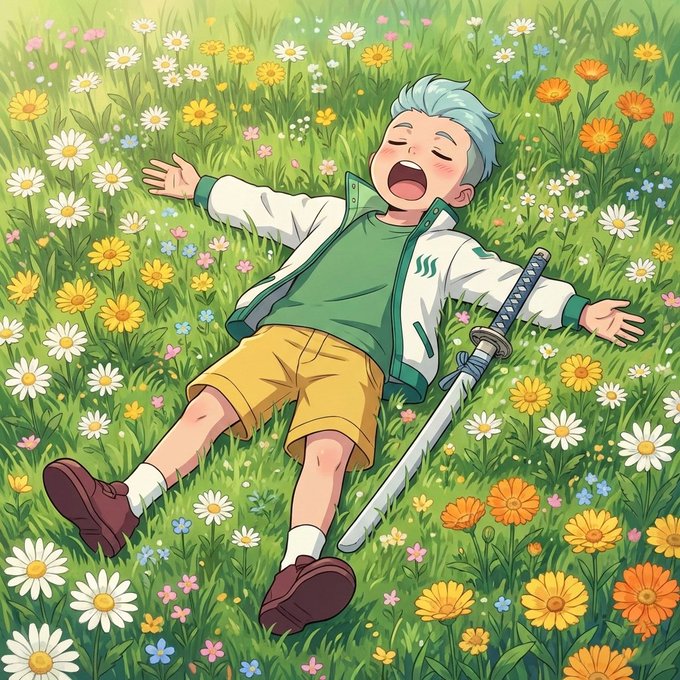 An anime-style illustration of a silver-haired character with a katana lying peacefully on their back in a vibrant field of daisies, yellow flowers, and orange blossoms.