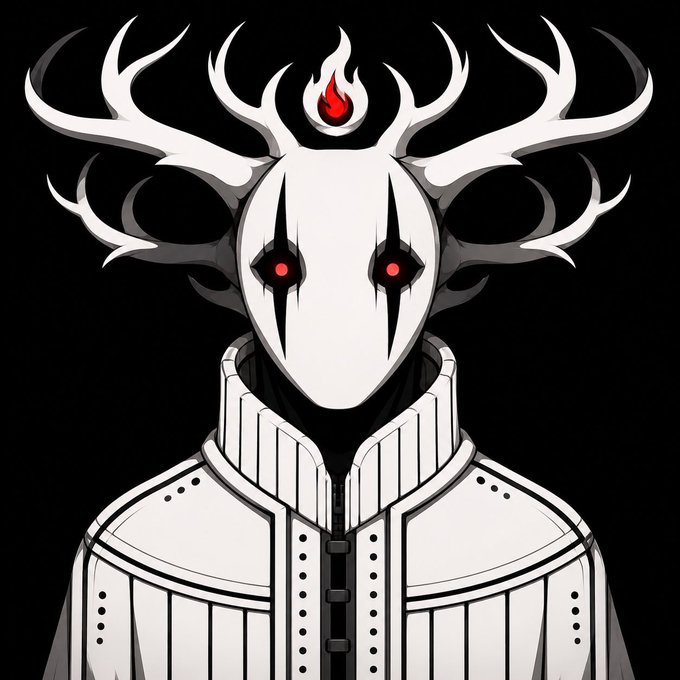 A stylized digital illustration of a masked figure with large antlers, piercing red eyes, and a red flame emblem on its forehead, rendered in a stark black-and-white palette that matches the cryptic, reveal-based nature of the Shibuza NFT mint announcement on OpenSea.
